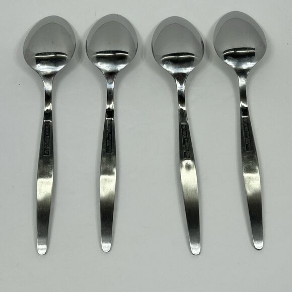 Vtg Interpur Jardiner Stainless Flatware 4 Oval Soup Spoons Daisy Tablespoon - Picture 4 of 9